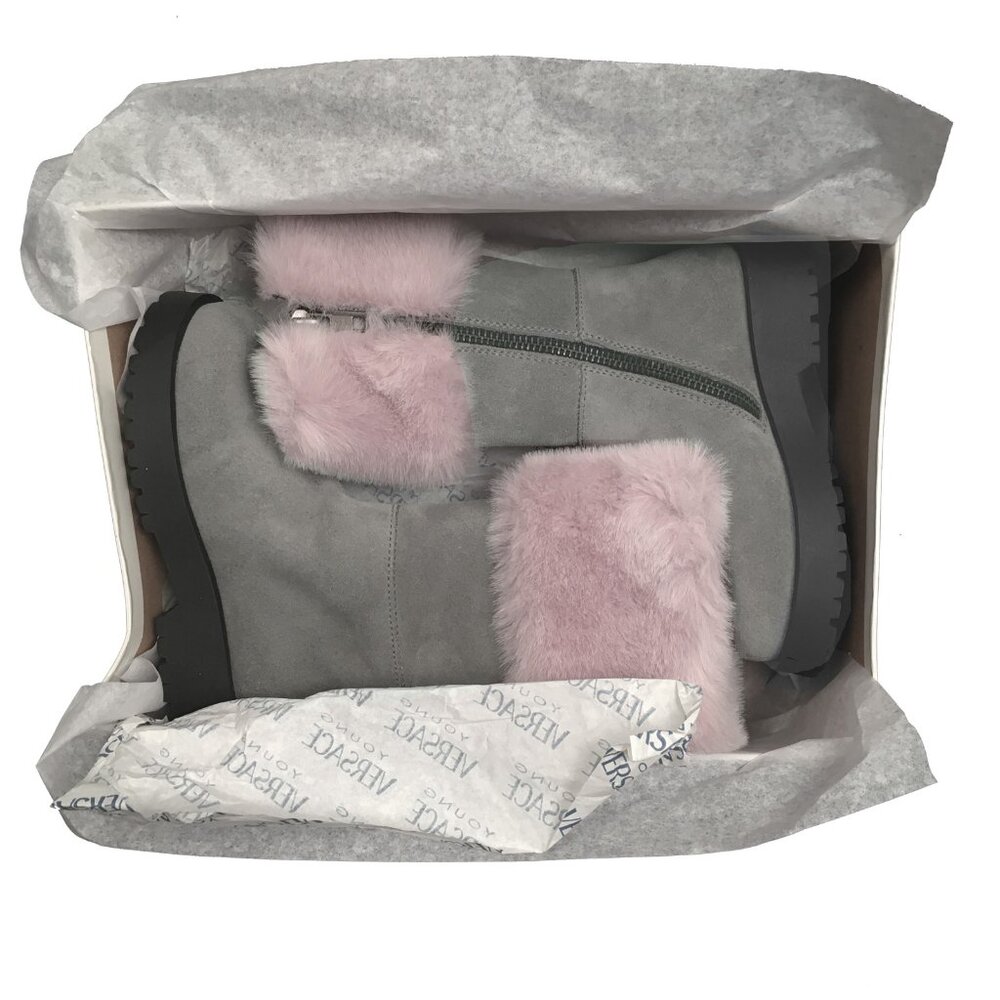 NEW Versace Young Girls Boots!  Gray Suede With Pink Faux  Fox Fur  Side Zipper